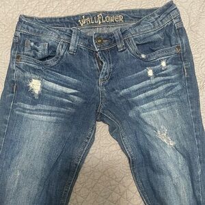 Wallflower Women's Blue Distressed Flare Jeans